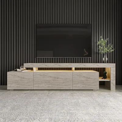 Image de Meuble TV, Éclairage LED, 192 x 53 x 37 cm, Marbre Travertin, Panneau Mélaminé