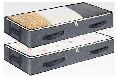 Produktbild von 2 Stück Unterbettkommode mit Sichtfenster, Aufbewahrungstasche für Kleidung, Deckenorganisator, 4 Haltegriffen, faltbar, 100 x 50 x 15 cm, Grau