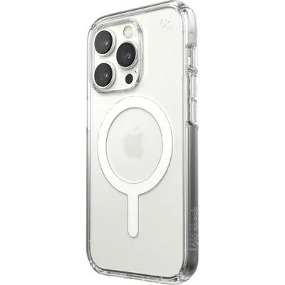 A clear iPhone case with MagSafe technology is shown against a white background.