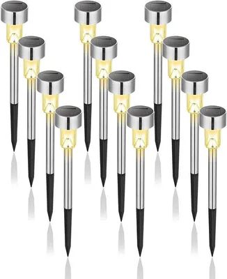 Immagine prodotto di 12 lampade solari a LED bianche calde e impermeabili per esterni: terrazze, prati, giardini, cortili e vialetti