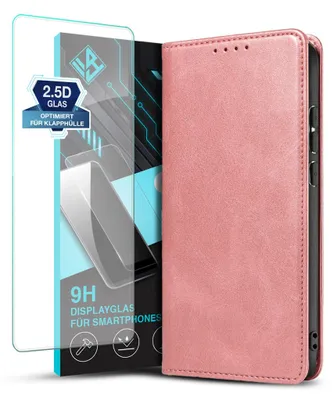 Produktbild von Handyhülle für Xiaomi Redmi Note 14 mit 9H Displayglas Kunstleder Flip Cover Hülle Klapphülle Case Kartenfach Farbe: Rosa