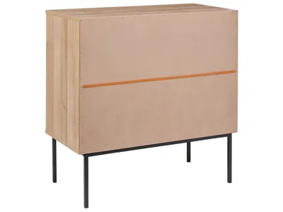 Produktbild von BELIANI Kommode Heller Holzfarbton Schwarze Metallbeine und Handgriffe 80 x 80 x 40 cm Boho Stil Drei Rattan Schubladen Schlafzimmer Wohnzimmer Flur