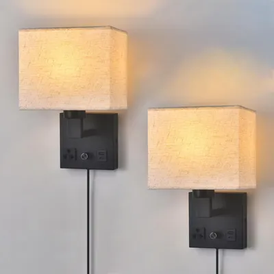 Wandleuchten mit USB-Port und Steckdose, schwarz, 2 Stück