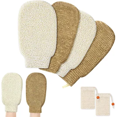 Produktbild von 4er Set Peeling-Handschuhe aus Naturfasern für Damen und Herren – Inklusive 2 extra Netztaschen, ideal als Duschhandschuh und Massage-Waschlappen