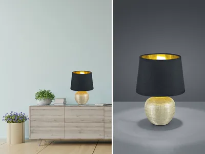 Produktbild von Keramik Tischleuchte LED 26cm hoch mit Stofflampenschirm Ø 18cm in Schwarz/Gold