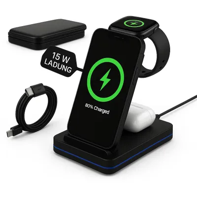 A 3-in-1 wireless charging station for a smartphone, Apple Watch, and AirPods, shown with a charging cable and a separate charging pad.