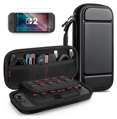 Produktbild von FINTIE Tasche mit großem Fassungsvermögen für Nintendo Switch 2 (2025) - 2-in-1 Zubehörset mit 2 schutzglas, 1 tragbaren Hartschalen-Reiseetui Aufbewahrung, Schwarz
