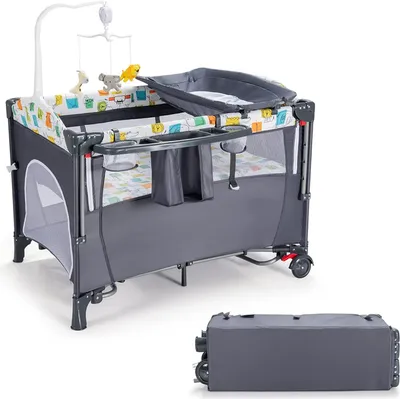 Produktbild von 5 in 1 Reisebett mit Matratze 120 x 60cm, Höhenverstellbar Beistellbett mit Wickeltisch, Spieluhr & Spielzeug, Laufstall | Babybett | Babyschaukel für Baby ab Geburt (Grau)