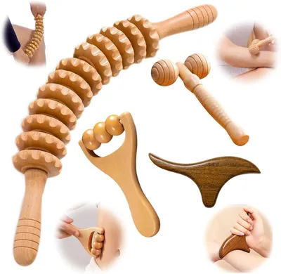 Produktbild von Set aus 4 Massage rollern mit jeweils 12 Rollen und einer Gua Sha Massageplatte, für die Faszienmassage und Lymphdrainage an Nacken, Rücken, Beinen und Füßen