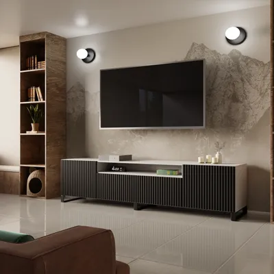 Produktbild von TV-Schrank Noe III Fernsehschrank TV-Lowboard 200 cm vertikal gefräste Fronten modernes Design dreitürig Wohnzimmer (Farbe: weiß, schwarz)