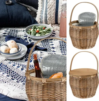 Produktbild von Picknickkorb mit Thermofunktion Rattan 38x34cm Isoliertasche KorbflechterPicknick Henkelkorb Holzdeckel