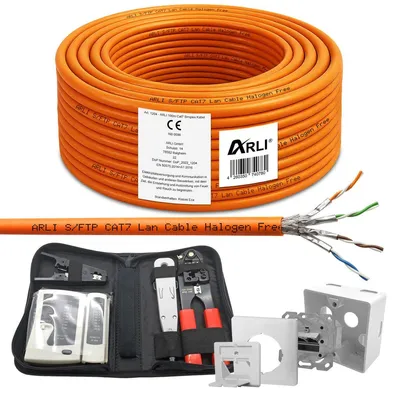 Produktbild von ARLI 100 m Cat7 Verlegekabel + Netzwerkdose + Werkzeugset mit Crimpzange LSA Netzwerktester Messer Netzwerkkabel Set