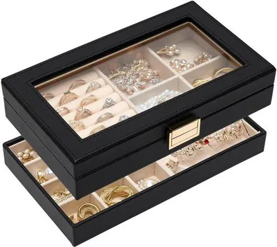 Image de Boîte à bijoux, noire, empilable, avec couvercle en verre
