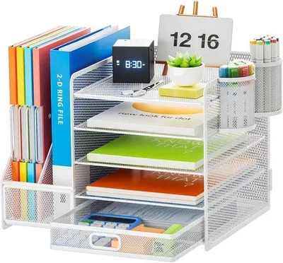 Image de Organiseur de bureau avec porte-documents - Accessoires de bureau multifonctionnels - Blanc - Mesh