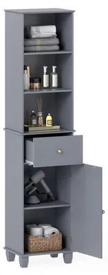 Produktbild von Badezimmerschrank, Bodenschrank schmal, 3 offene Regale, Schublade, Tür, verstellbares Regal, Küche, Wohnzimmer, 172 cm, Grau