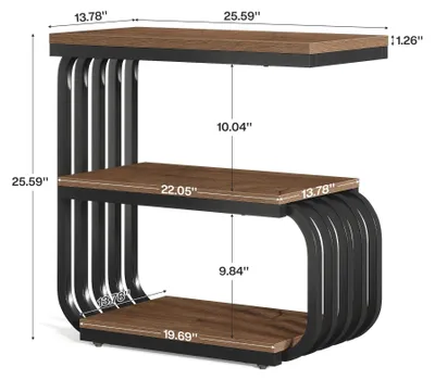 Obrázek produktu pro Úzký odkládací stolek – noční stolek / odkládací stolek k pohovce – 3 police – kovová konstrukce – industriální design – 35 x 65 x 65 cm – hnědý