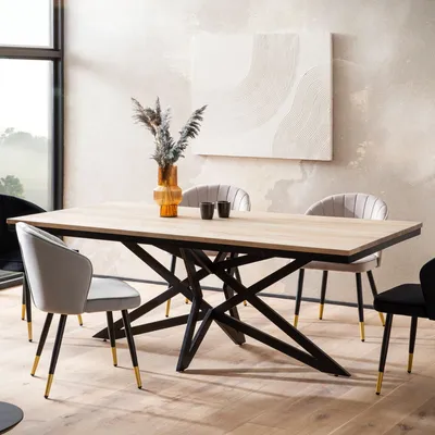 Immagine prodotto di WOHNLING Tavolo da pranzo 200x100x77 cm Legno massello di acacia Tavolo da pranzo in metallo Tavolo da cucina industriale con base a stella Tavolo in legno Grande tavolo da pranzo Sala da pranzo