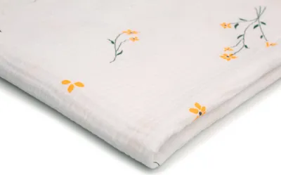 Produktbild von Baumwoll Musselin Stoff mit Aufdruck, Double Gauze, Gelbe Blumen 50 x 130 cm