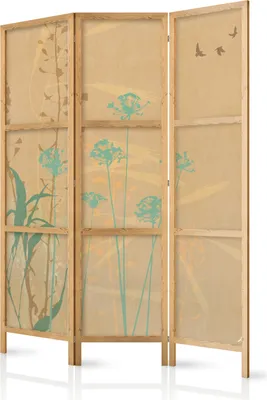 Produktbild von 3-teiliger Einseitiger Vlies Japanischer Paravent - Tiny Bird - Colorful grasses in golden shades of sunset. 135x172 cm Für Kinder e-A-10131-bh-a