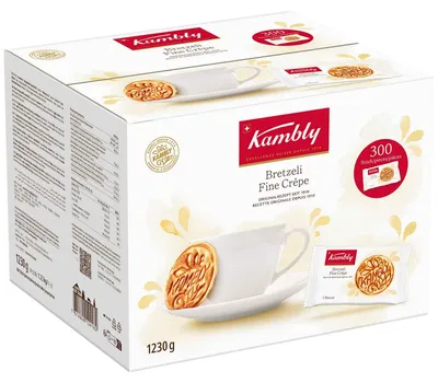 Produktbild von Kambly Bretzeli Portionen 300 Stück, Plätzchen, Natürlich/Natur, WEIZENMEHL, Zucker, Kokosfett, EIER, BUTTER, Salz, Backtriebmittel (Natriumhydrogencarbonat),..., 478 kcal, 2005 kJ, 8,2 g
