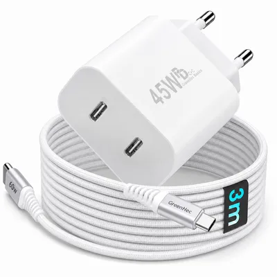 Produktbild von 45W USB-C Schnellladegerät Charger mit GaN-Technologie für Handy, iPhone, Samsung S21-S25, Tablet, iPad Dual Port PD - Ladegerät + 3m Kabel, KI-generiertes Bild