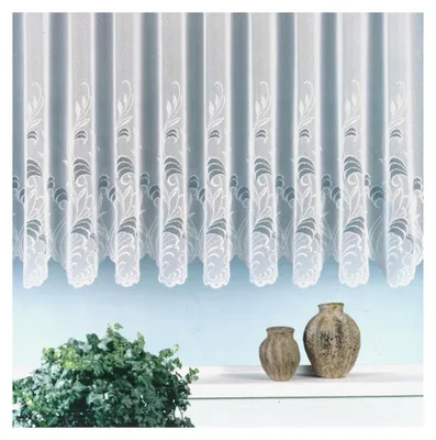 Produktbild von Jacquard Store Gardine mit gebogter Bordüre in Weiß, halbtransparent, HxB 100x300 cm für Fensterbreite 100-130 cm