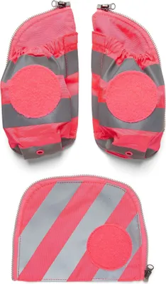 Three views of a set of neon pink and gray striped side pockets for a backpack.