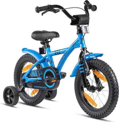 Produktbild von PROMETHEUS Kinderfahrrad 14 Zoll Jungen und Mädchen in Blau & Schwarz mit Stützräder | Aluminium Seitenzugbremse und Rücktrittbremse | inkl. Sicherheitspaket | ab 4 Jahre | 14“ BMX Edition 2018