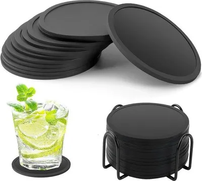 Immagine prodotto di 12 rondelle rotonde in silicone nero, senza BPA, rondelle in silicone nero con ganci, per bar, tazze, piattini, decorazioni da tavola