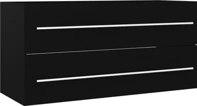 A black dresser with silver handles against a white background.