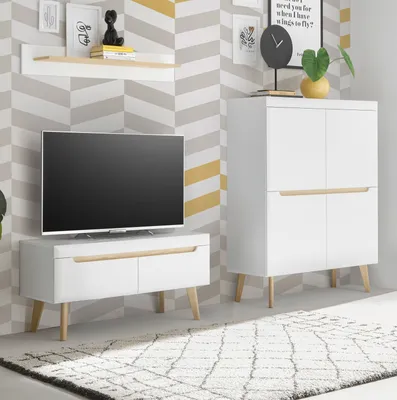 Produktbild von Wohnwand "Isgard" in weiß matt und Scandi Eiche Wohnkombination 3-teilig 234 cm