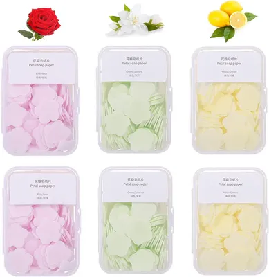 Produktbild von 600 Tabletten Boxen Seife Papier Seifenblätter Paper Soap mit Kunststoffbox Tragbare Papier-Seife Seife Papier Seifenblätter(6 Kartons Jasmin/Lavendel/Zitrone)