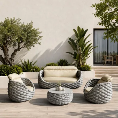 Produktbild von Gartenlounge Set 4-teilig mit 2 Einzelsesseln, Dreisitzer-Sofa und Couchtisch, Wasserabweisend, Ideal für Garten, Terrasse und Hof, Grau