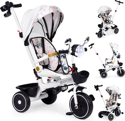 Zdjęcie produktu dla Wózek trójkołowy dla dzieci z obrotowym siedziskiem, rączką do prowadzenia i baldachimem, ECOTOYS
