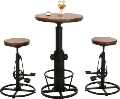 Produktbild von Set Bartisch + 2x Barhocker MCW-N20, Barstuhl Stehtisch höhenverstellbar drehbar Fußablage Industrial Holz  braun