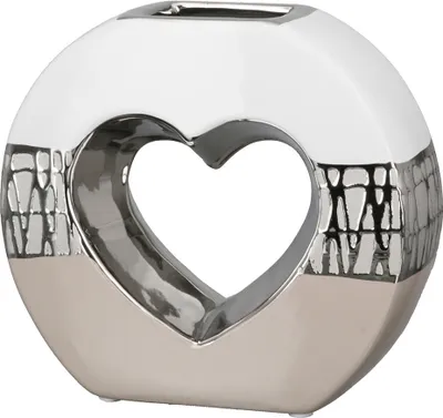 Image de Gilde Vase, rund, "Pico", Herzmotiv, Keramik, beige, weiß, VE 2, L. 7 cm, B. 18.5 cm, H. 16.5 cm 32402 4063387324028
