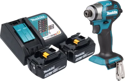 A cordless impact driver, two batteries, and a charger are displayed against a white background.