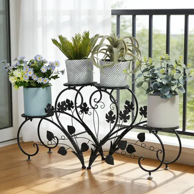 Image de FATIVO Support pour plantes noir- Étagère à fleurs en métal avec 4 étagères, étagère pour plantes pour intérieur, balcon, salon, jardin & Outdoor Deko