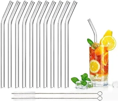 Productafbeelding van PromoHome® 10 stuks glazen rietjes – Herbruikbare rietjes met reinigingsborsteltjes, 20 cm, geschikt voor warme en koude dranken