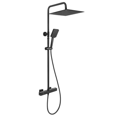 Produktbild von Auralum Thermostat Duschsystem Komplettset Schwarz mit 30cm Edelstahl Regendusche, 6 Strahlarten Handbrause, Höhenverstellbarer Duschstange 88-124cm