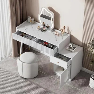 Produktbild von Abrihome Schminktisch mit LED Spiegel und Schrank, Frisiertisch mit 3 Schubladen (ohne Hocker)