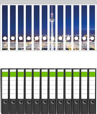 Produktbild von Wallario 12 Stück schmale Ordner inkl. Klebeetiketten mit Motive Fernsehturm Berlin bei Nacht -  Set mit Rückenschildern / Ordnerrücken Stickern