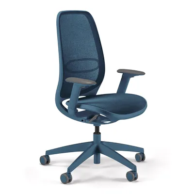 A blue office chair on a white background.