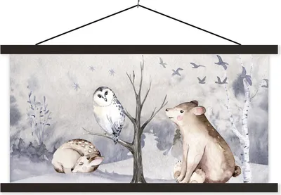 Produktbild von MuchoWow® Textilposter Winter - Wald - Tiere 90x45 cm mit schwarzem Rahmen - Klemmleisten