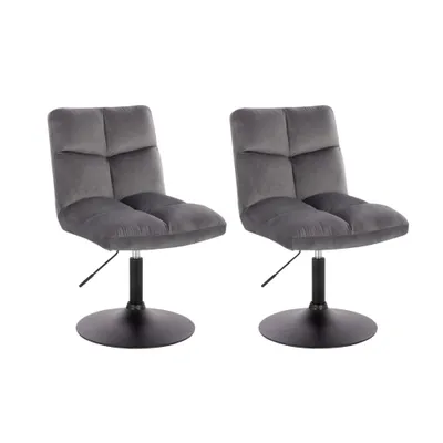 Two gray swivel bar stools with black bases are shown against a white background.