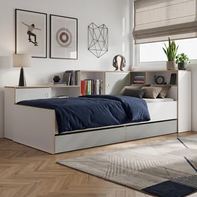 Produktbild von Jugendzimmer Bett mit 90x200 cm Liegefläche in Grau mit Weiß, 2 Schubladen - POZZALLO-166