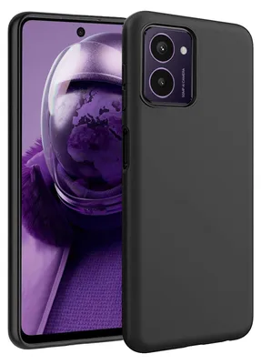 A black smartphone case is shown from a diagonal angle, with the phone inside displaying a purple image of an astronaut. The background is black.