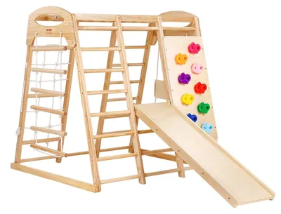 Obrázok produktu pre Detské ihrisko do interiéru, 7 v 1, pre najmenšie deti, rozmer 120 x 147 x 142 cm, s dreveným a lanovým rebríkom, sieťovým rebríkom, hojdačkou, prekážkovou dráhou, šmykľavkou a lezeckou stenou. Drevené lezecké hračky pre deti do interiéru