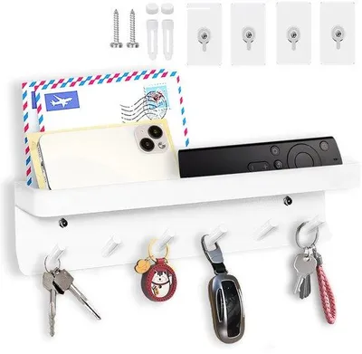 Image de Porte-clés métallique blanc avec 6 crochets, facile à installer