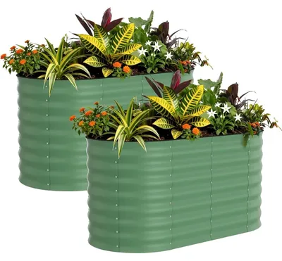 Image de Jardin vertical en bois, lot de 2 - Forme ovale - Métal galvanisé - Épaisseur : 0,6 mm - Conception sans fond - Pour légumes et fleurs - Dimensions : 120 x 60 x 60 cm - Couleur : vert